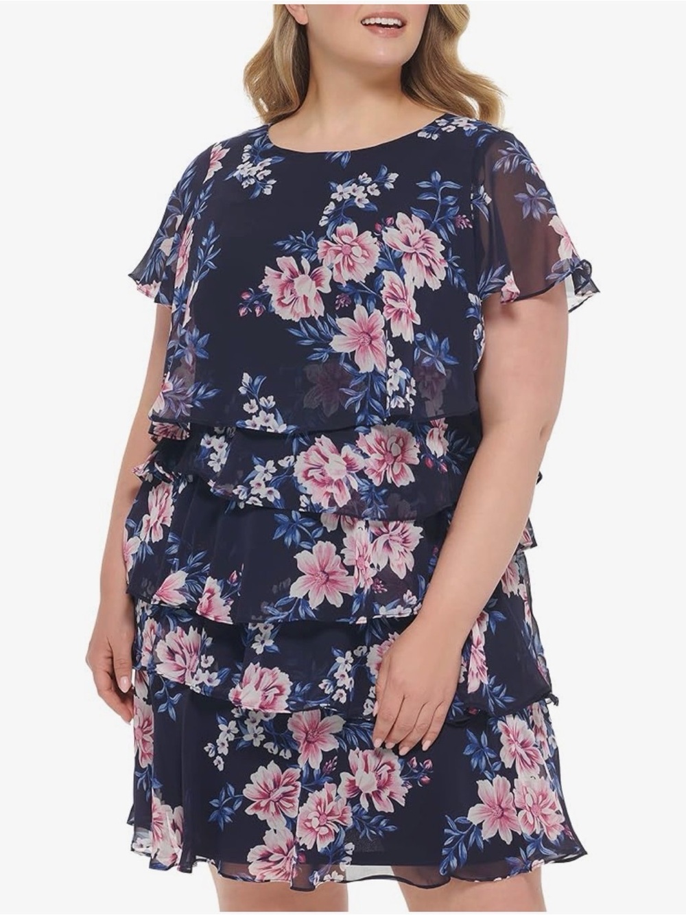 NWT-JessicaHoward Womens Style Layered Ruffle Butterfly Sleeve Printed Chiffon